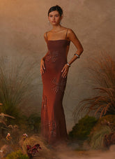 Bayla Beaded Flower Maxi Dress - Chocolate